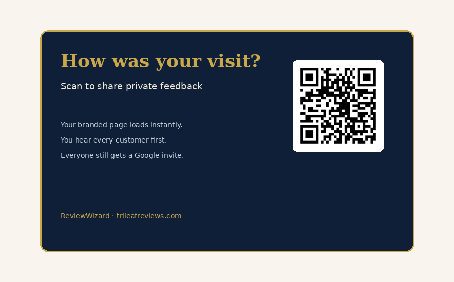 ReviewWizard table tent mockup with QR code to the live demo